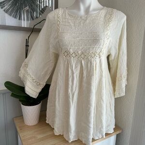 By Together Small Cream Cottage Core Flowy Lace Tunic Boho top Blouse Feminine